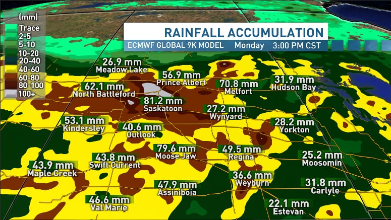 A map displaying predicted rainfall levels.