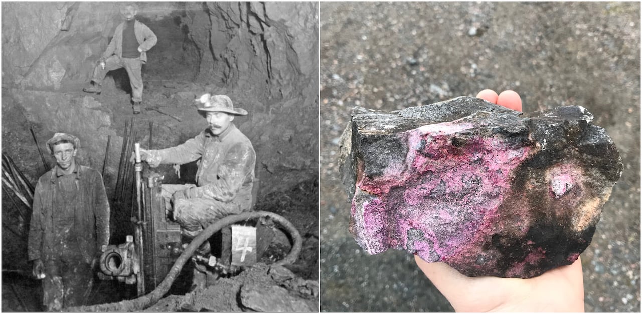 A composite image shows a black and white photo on the left of three men in mining gear posing with equipment inside a mine. At right, a hand holds a chunk of rock with a pink vein of cobalt in it.