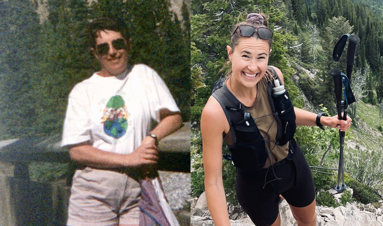 Side-by side pictures. One is an older snapshot of a woman with forest behind her and the other is a current photo of a woman hiking in forest.