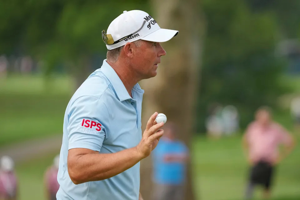 Padraig Harrington reacts after putting on six during the final round of the U.S. Senior Open at Scioto Country Club in Columbus on July 5, 2026.