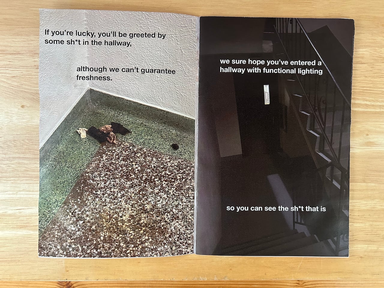 Spread on a wooden surface, two pages of a booklet show what look like feces and garbage in the corner of an interior hallway and a darkened interior stairwell.