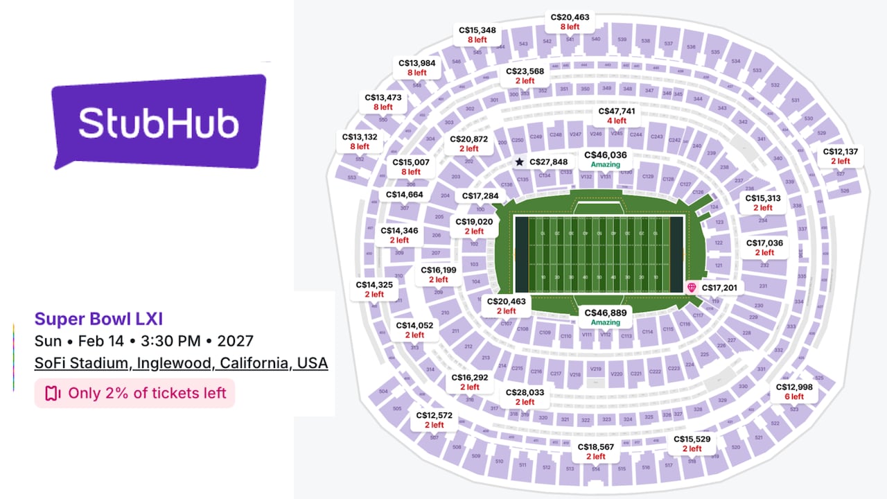A graphic shows tickets for the 2027 Super Bowl available on sale on StubHub.