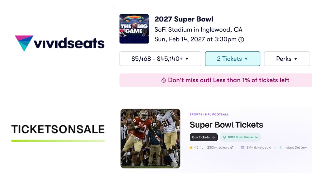 A graphic shows that tickets for the 2027 Super Bowl are available on VividSeats for $5,468 to $45,140 with less than one per cent of tickets left. Below, a screenshot shows that Super Bowl tickets are also available on the site Tickets On Sale.