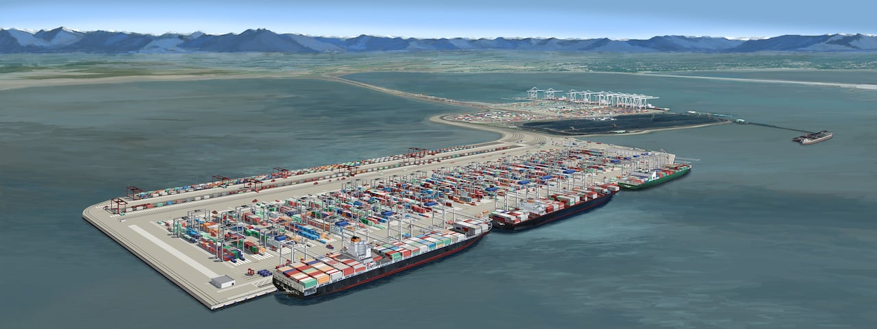 An artist's rendering shows a large container port on a peninsula with three large ships docked at it.