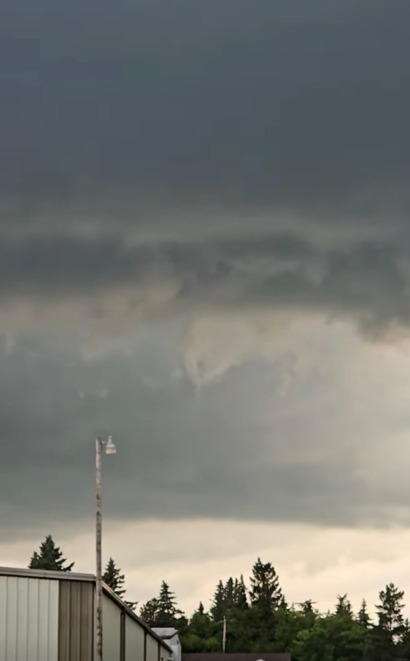 Clouds swirl above the village of Chauvin, Alta., after Environment Canada warned of a possible tornado in the area on July 8, 2026.