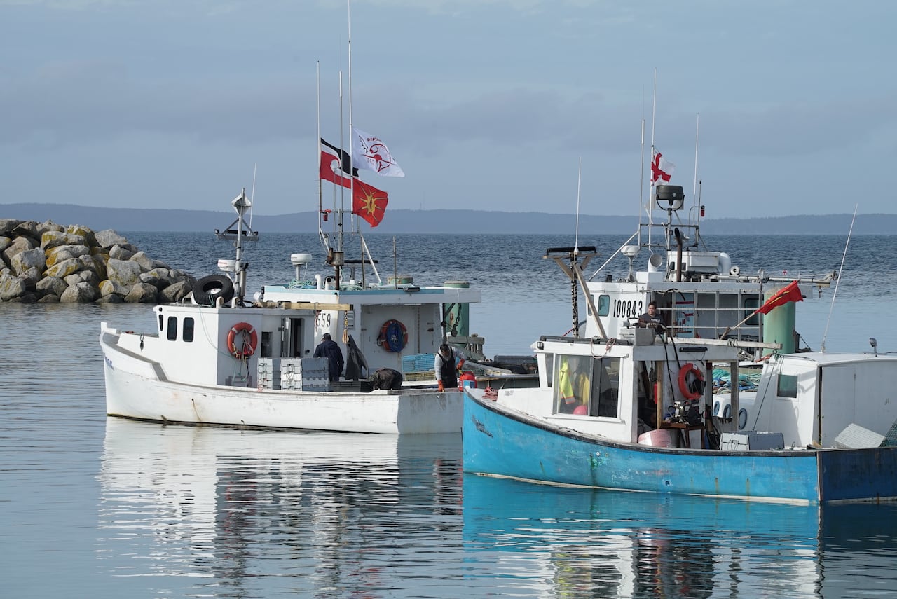 Two fishing boats are seen in a harbour.