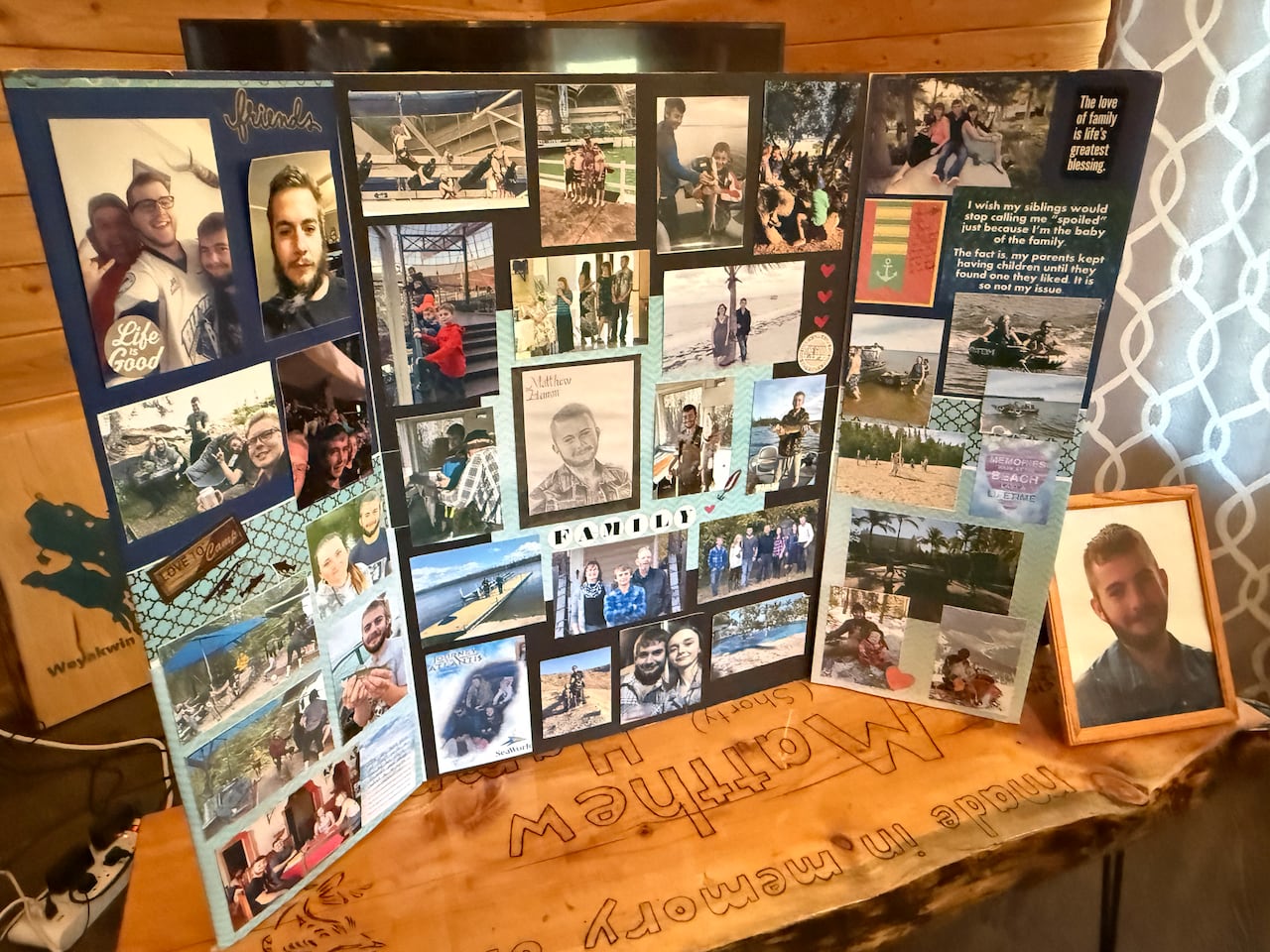 A photo board on a table.
