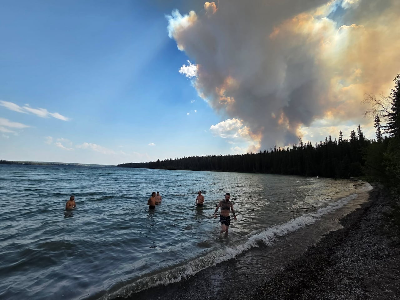 Five people swim in a lake as a large column of smoke rises above the forested shoreline in the distance.