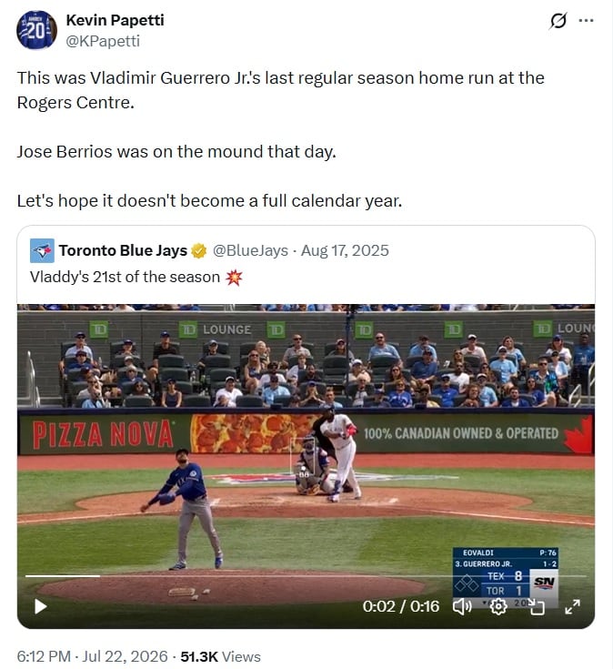 Tweet that says Vladdy Geuerrero Jr hasn't hit a home run in Toronto since August 2025