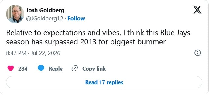 Tweet reading: Me when I'm trying to snipe last minute Blue Jays Tix and they're still in the $50's at First Pitch because people aren't letting go after having planned trips & vacations in 2025 to Toronto around THIS 2026 team.