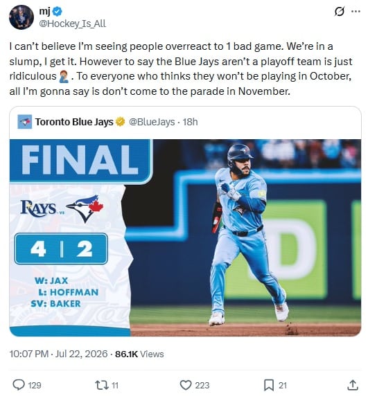 Tweet reading: "I can’t believe I’m seeing people overreact to 1 bad game. We’re in a slump, I get it. However to say the Blue Jays aren’t a playoff team is just ridiculous🤦🏽♂️. To everyone who thinks they won’t be playing in October, all I’m gonna