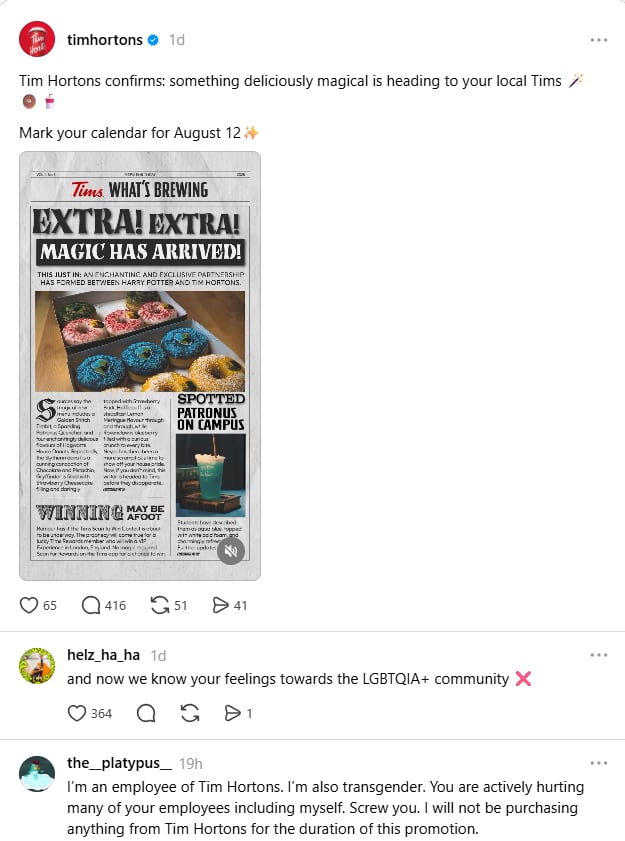 A screen grab of a social media post that says "Tim Hortons confirms: something deliciously magical is heading to your local Tims. Mark your calendar for August 12." Below it, some commenters criticize it.