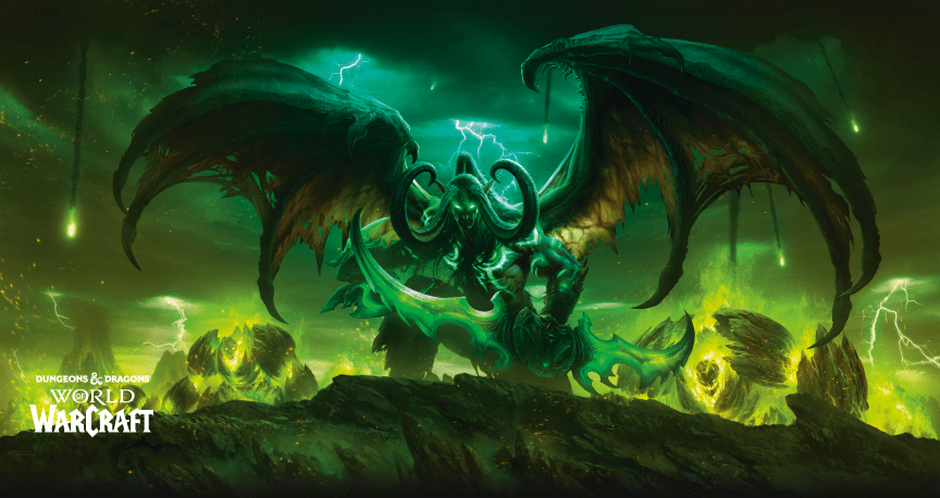 An art spread showing a bat-winged, horned figure wielding blades.