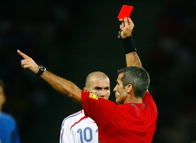 Referee Horacio Elizondo, right, of Argentina shows France's Zinedine Zidane a red card during their World Cup 2006 final 