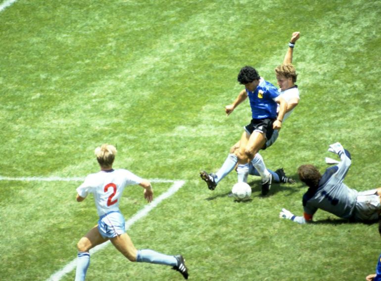 Diego Maradona scores for Argentina against England in the 1986 quarterfinals