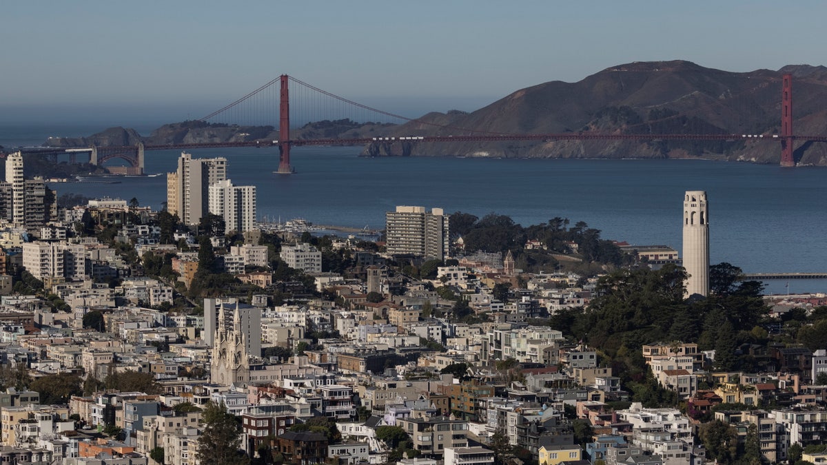 Aerial view of the city of San Francisco skyline and the Golden Gate Bridge in California