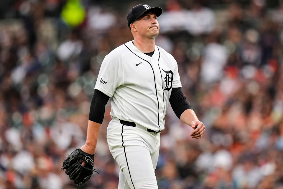 Detroit Tigers pitcher Tarik Skubal (29) walks off the field after pitching against Athletics during the fifth inning at Comerica Park in Detroit on Tuesday, July 7, 2026.