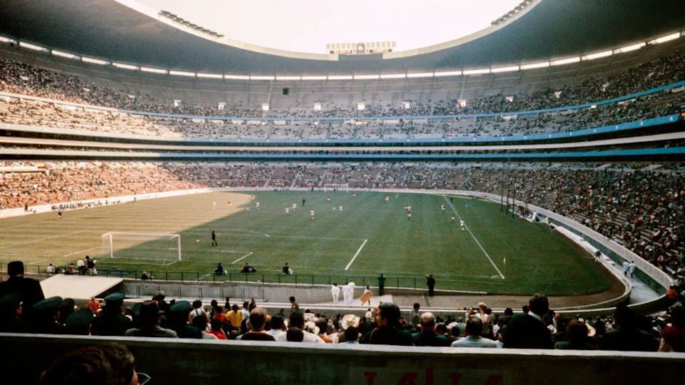 A view from the stands at the Estadio Azteca in Mexico City during a football match at the 1968 Olympics