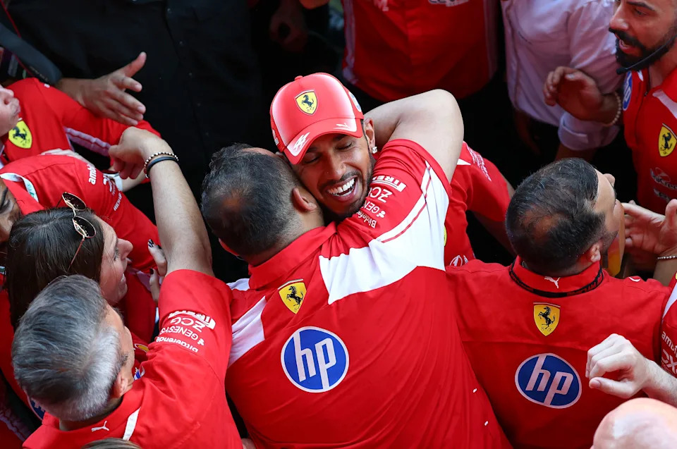 BARCELONA, SPAIN - JUNE 14: Race winner Lewis Hamilton of Great Britain and Scuderia Ferrari celebrates with his team during the F1 Grand Prix of Barcelona-Catalunya at Circuit de Barcelona-Catalunya on June 14, 2026 in Barcelona, Spain.