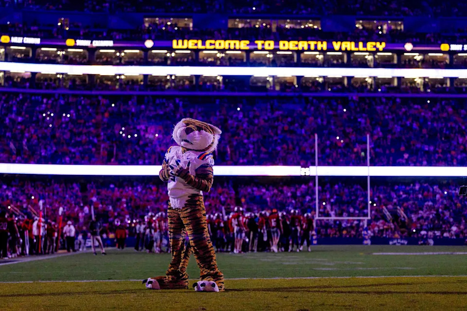 Sep 7, 2024; Baton Rouge, Louisiana, USA; LSU Tigers mascot Mike the Tiger performs for fans during a time out against the Nicholls State Colonels during the second half at Tiger Stadium. Mandatory Credit: Stephen Lew-Imagn Images