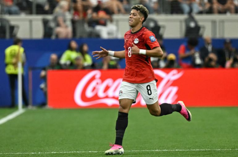 Egypt's midfielder #08 Emam Ashour celebrates after scoring the opening goal during the 2026 World Cup round of 32 football match between Australia and Egypt at the Dallas Stadium in Arlington on July 3, 2026. (Photo by Paul ELLIS / AFP)