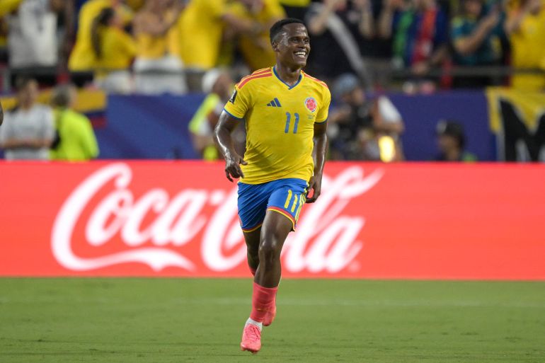 Colombia's midfielder #11 Jhon Arias celebrates scoring his team's first goal during the 2026 World Cup round of 32 football match between Colombia and Ghana at the Kansas City Stadium in Kansas City on July 3, 2026. (Photo by JUAN MABROMATA / AFP)