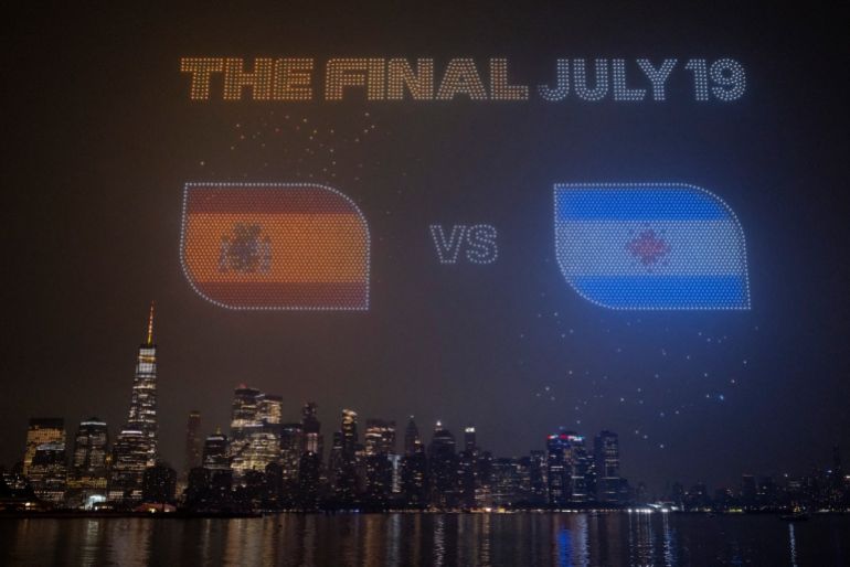 The Final July 19 visual with the flags of Spain and Argentina is displayed against the Manhattan skyline during the FIFA drone show in New York