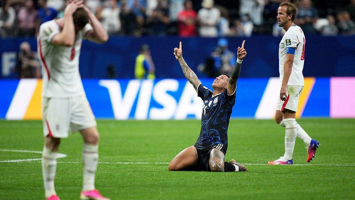 Enzo Fernandez reacts on the field after Argentina's win in Atlanta.