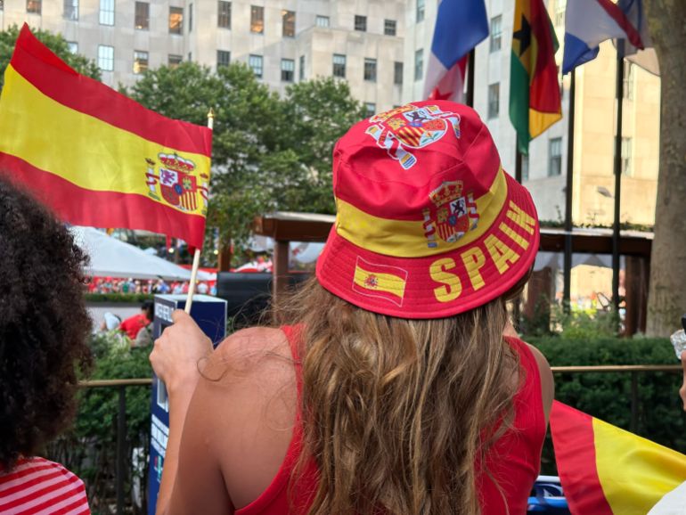 Spain fans celebrate their team winning the World Cup outside the Rockefeller Centre, New York City