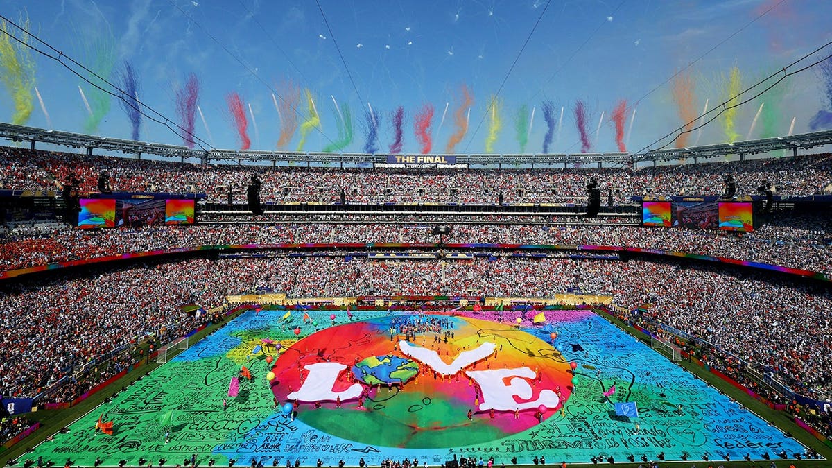 Stadium seats and field during the halftime show.