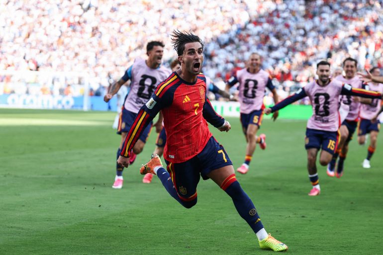 Spain's forward #07 Ferran Torres celebrates scoring his team's first goal during the 2026 World Cup football tournament final match between Spain and Argentina at the New York/New Jersey Stadium in East Rutherford on July 19, 2026.