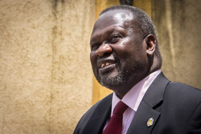 FILE - South Sudan's rebel leader Riek Machar speaks to the media about the situation in South Sudan following a peace agreement the week before with the government in Addis Ababa, Ethiopia, Aug. 31, 2015. (AP Photo/Mulugeta Ayene, File)