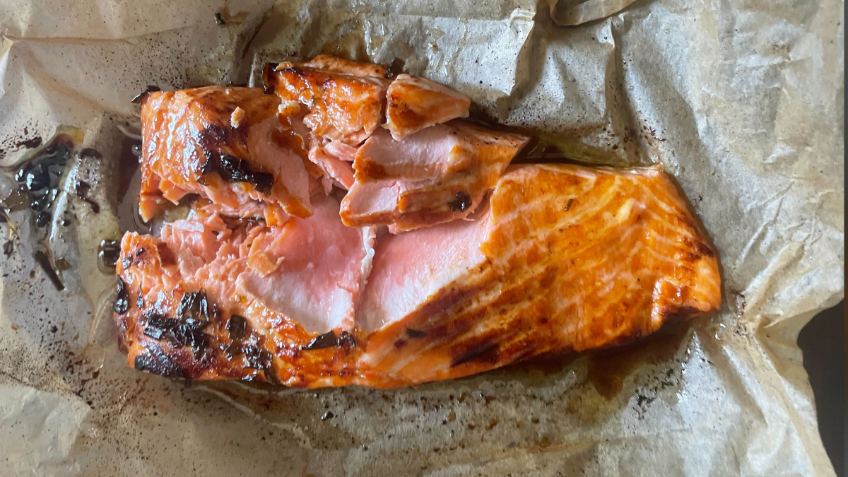 salmon cut into revealing a medium rare center