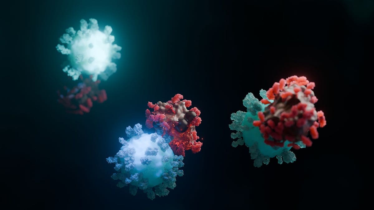 CAR-T cell attacking cancer cell in scientific illustration.