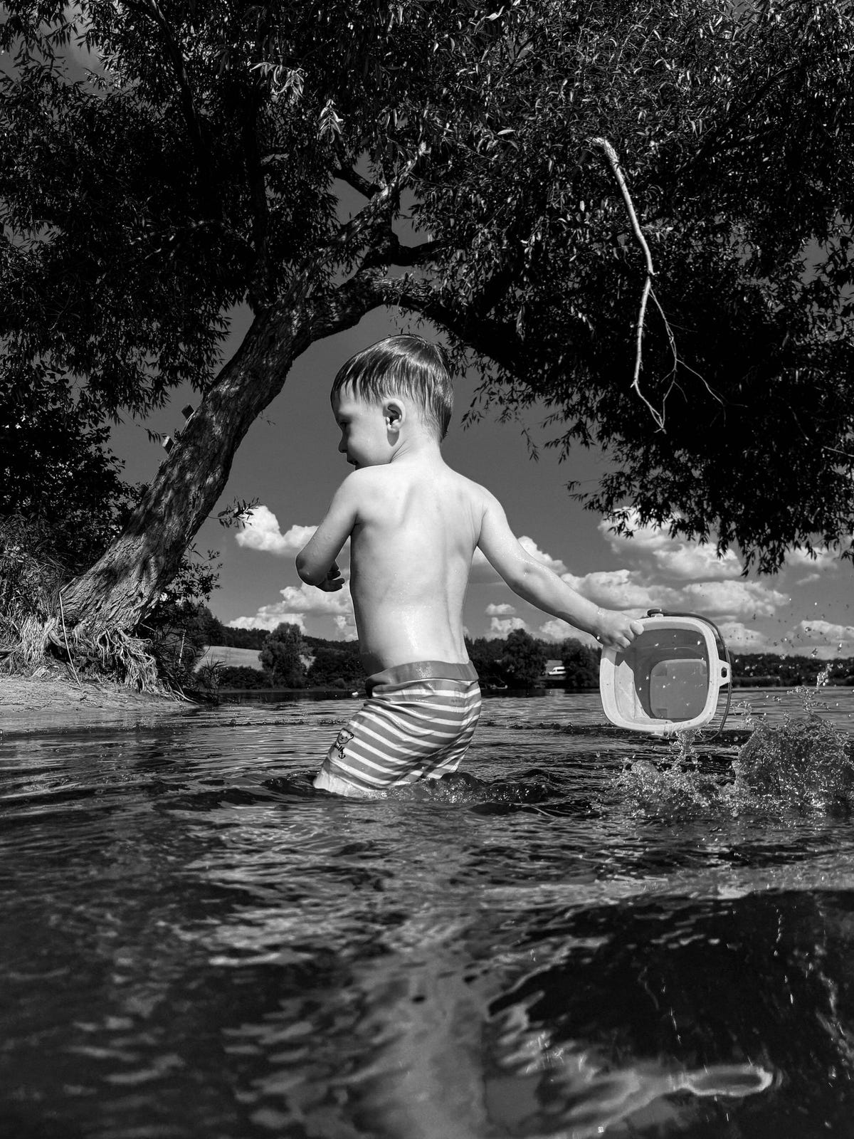 A young boy stands in water. He is framed by a tree in the background.