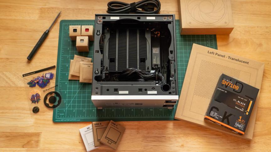Top down view of the components that come with the Framework desktop
