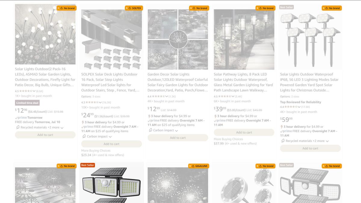 A screenshot of Amazon showing products grayed out.