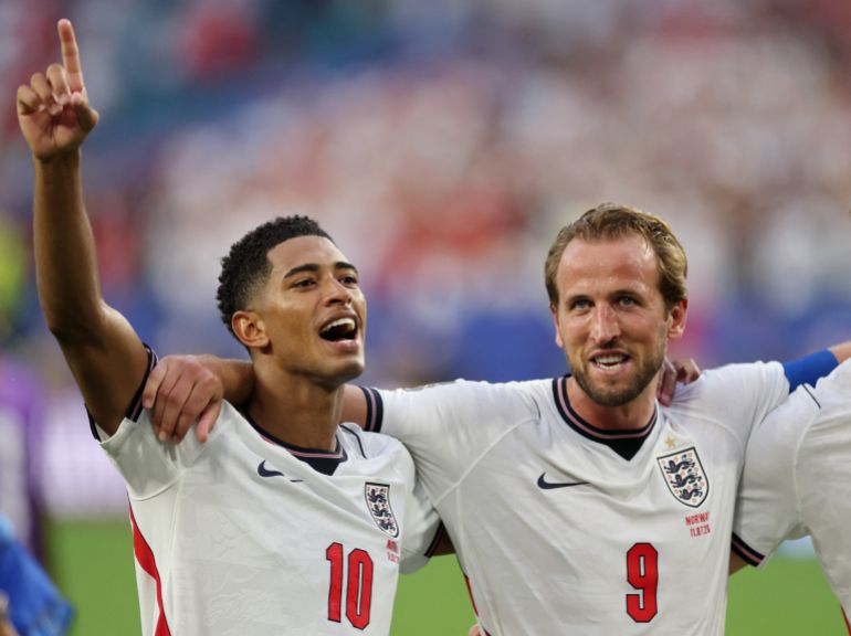 Soccer Football - FIFA World Cup 2026 - Quarter Final - Norway v England - Miami Stadium, Miami Gardens, Florida, U.S. - July 11, 2026 England's Jude Bellingham and Harry Kane celebrate after the match as England qualify for the semi finals of the World Cup REUTERS/Paul Childs