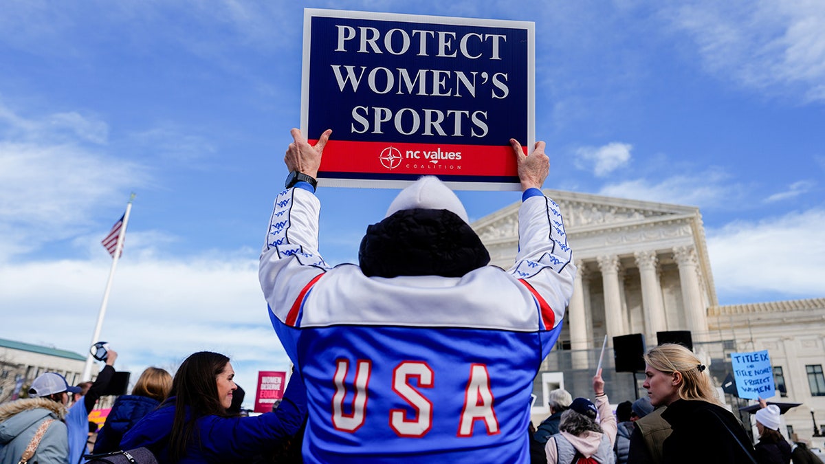 A protester backing the