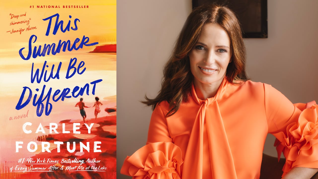 A sunset coloured book cover featuring two small figured walking along the cliffs next to a woman with brown hair wearing orange looking at the camera.