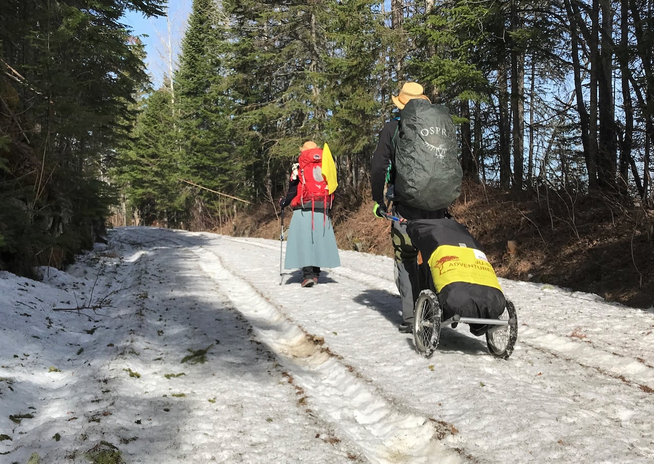 Two hikers with large backpacks walk on a snowy forest trail, with one hauling their gear.