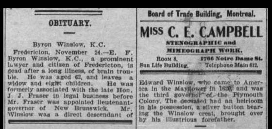 A black and white image of an obituary posted in a newspaper back in the early 1900's