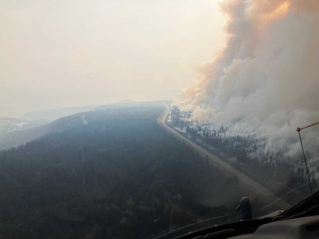 Plumes of smoke arise from a forest, seen from a helicopter.