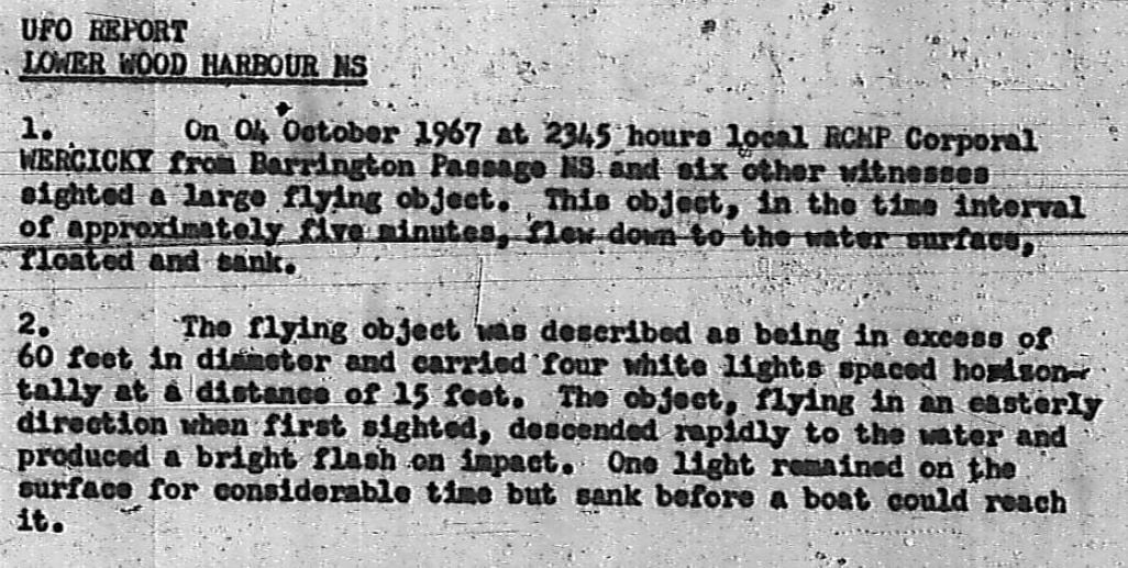 Black and white text from a 1967 National Defence memo details the Shag Harbour UFO Incident.