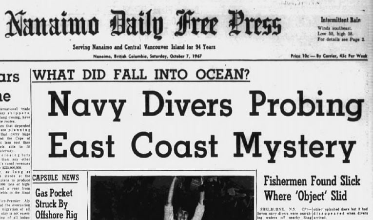 The front page of a 1967 newspaper is shown and the lead story includes the headline, 'What did fall into ocean? Navy Divers Probing East Coast Mystery.'