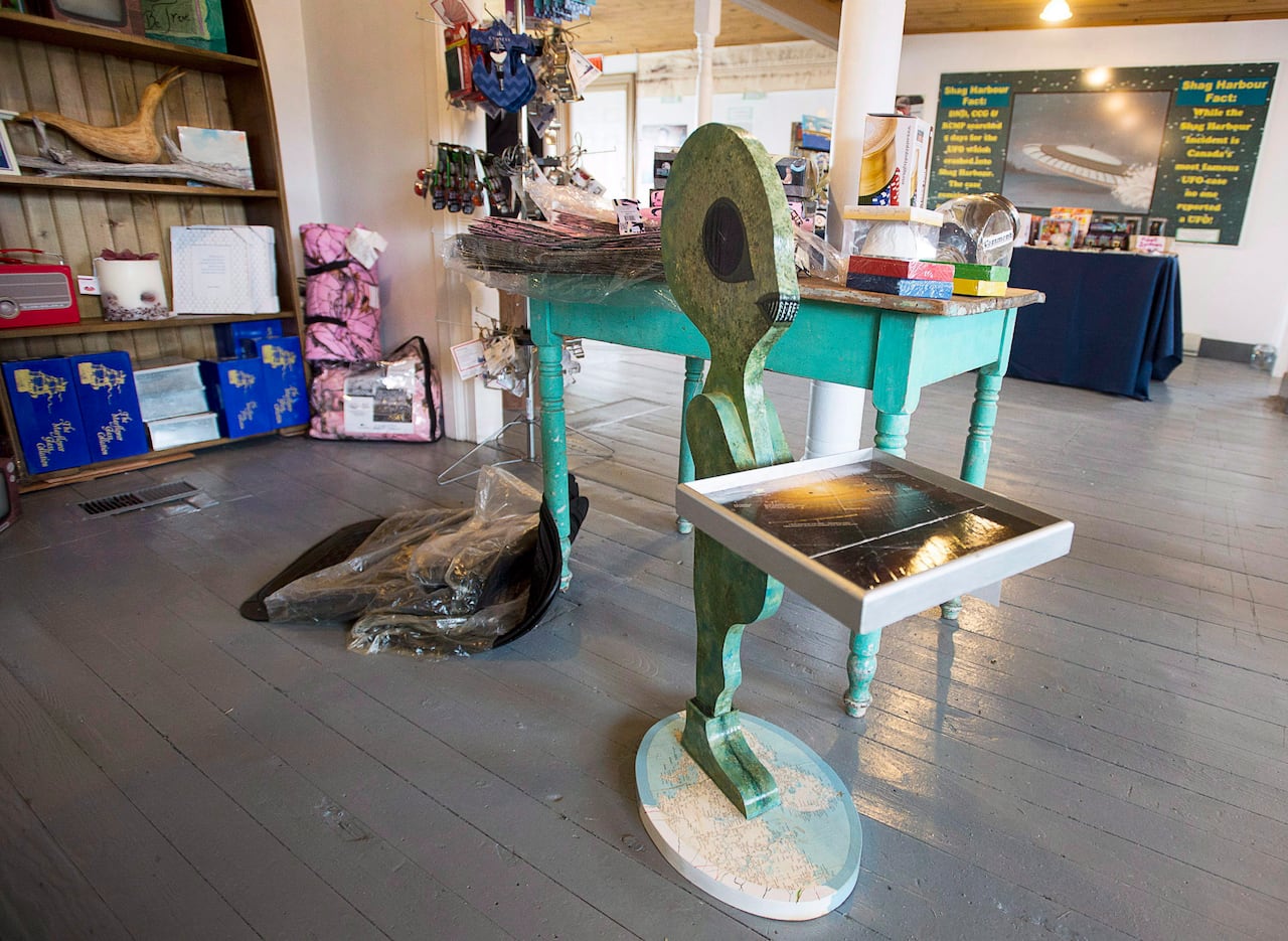 Souvenirs are shown inside of a UFO museum.