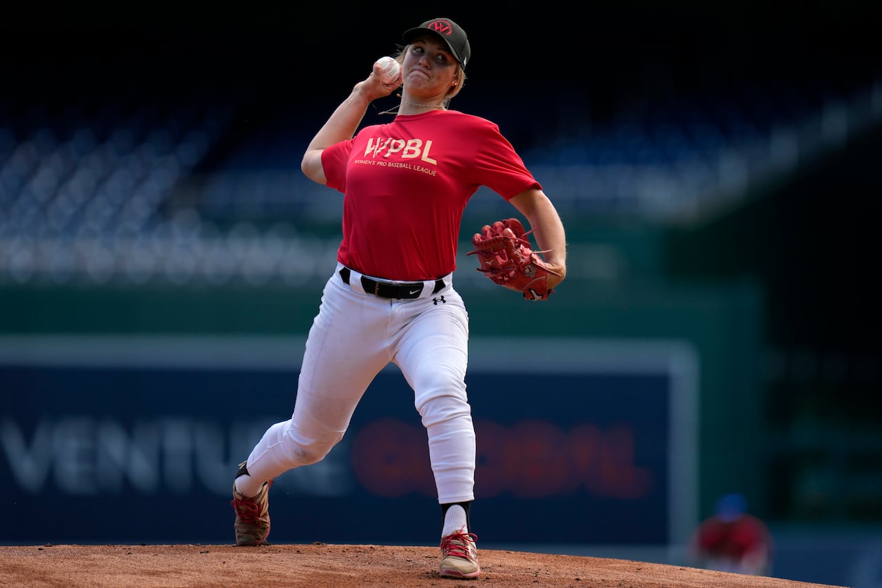 Canadian ballplayer Alli Schroder pitches during an August 2025 tryout for the Women's Pro Baseball League.