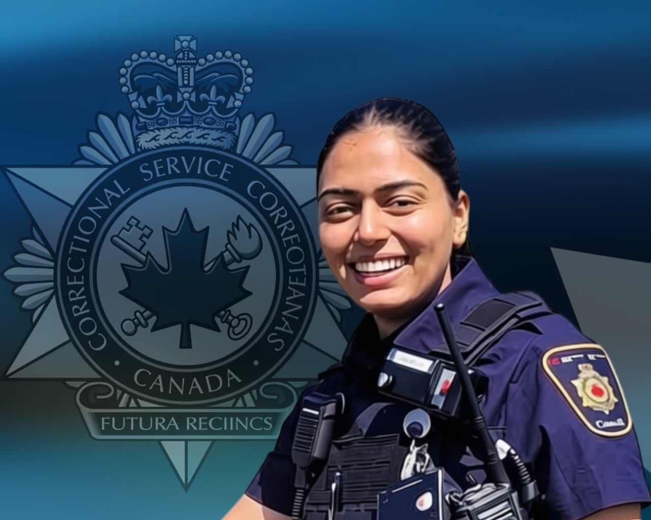 A woman wearing a dark blue uniform is shown.
