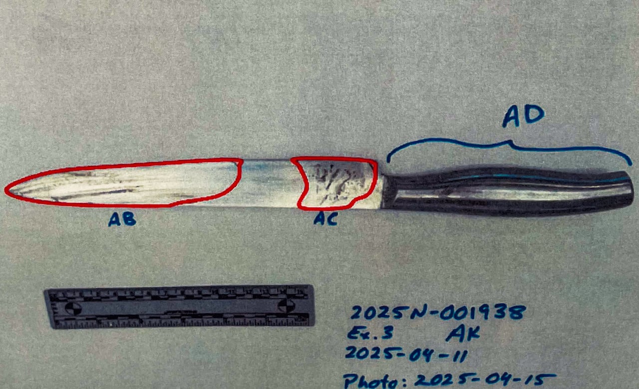 A knife next to a scale with two areas of the blade circled and marked as AB and AC and the handle marked as AD.