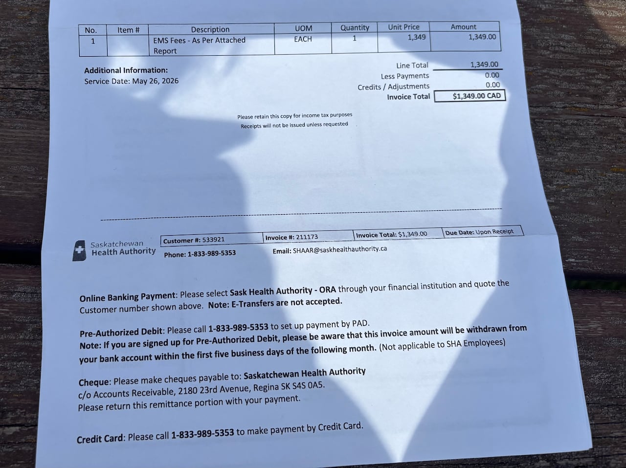 A printed bill with a Saskatchewan Health Authority logo.